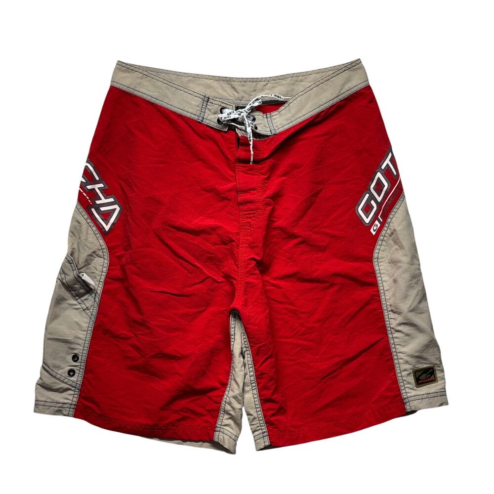 Vintage Gotcha Board Shorts Mens 34 Tan/Red Colorblock Drawstring Surfing Swim